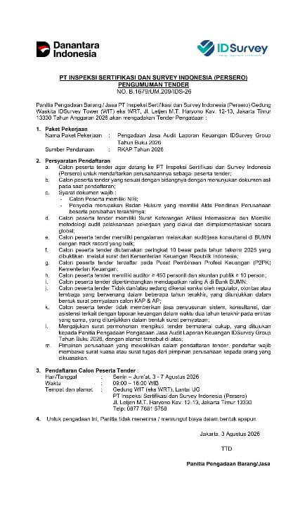 Pengumuman Pendaftaran Tender Terbuka Jasa Audit Laporan Keuangan Tahun Buku 2026 IDSurvey Group