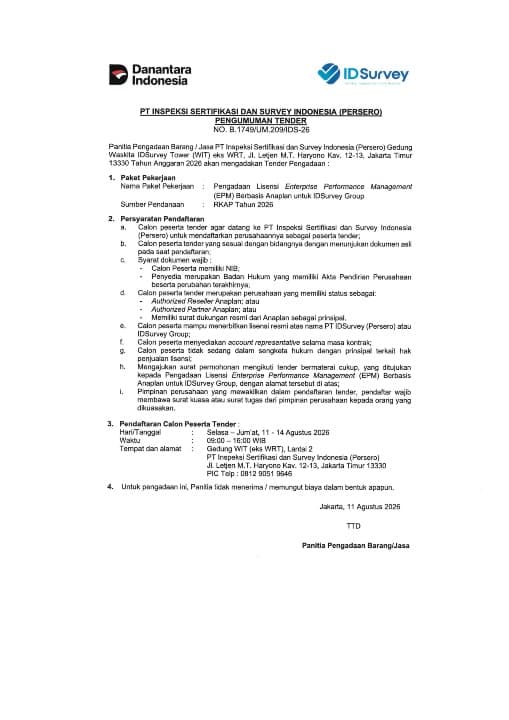 Pengumuman Tender Pengadaan Lisensi Enterprise Performance Management (EPM) Berbasis Anaplan untuk IDSurvey Group