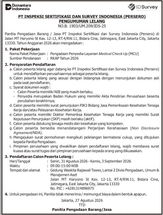 Pengumuman Lelang Pengadaan Penyedia Layanan Medical Check Up (MCU) Tahun Anggaran 2026